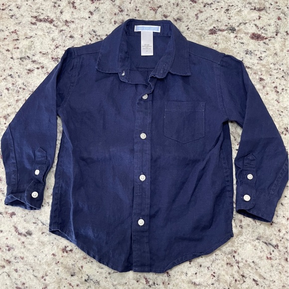 Janie And Jack Navy 100% Linen Button Down Size 2T Toddler Boys Roll Sleeve Cuff - Picture 1 of 7